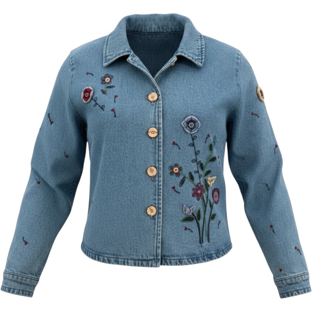 Christopher & Banks Denim Jacket Womens S Blue Floral Embroidered Cottagecore